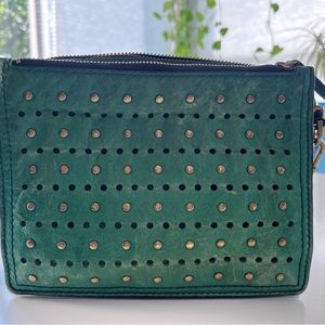 Fossil green leather studded crossbody handbag